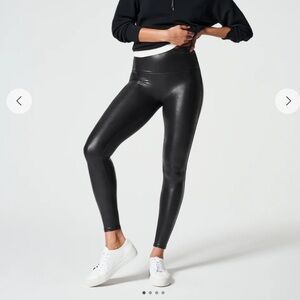 SPANX Faux Leather Leggings Black Medium High Rise Shaping Pants M petite